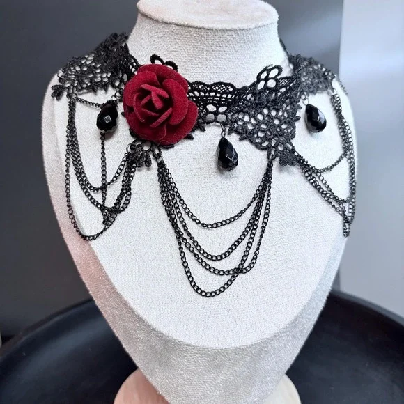 Black Lace Choker Necklace with Red Rose | Gothic Chain | Dark Romance Victorian - Picture 1 of 7